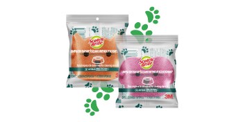 Producto Esponja Mascota Scotch-Brite perro y gato en empaque con huellas verdes, etiquetadas con claim 