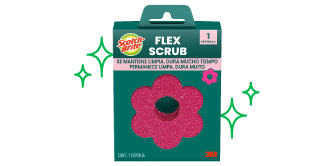 Empaque de esponja Scotch-Brite Flex Scrub en color rosa con forma de flor.
